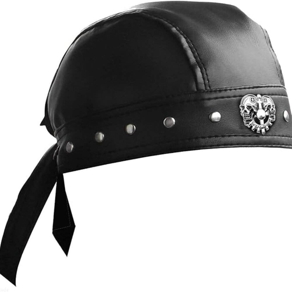 Skull Cap Motorcycle Biker Leather Cap Black Punk‎ Goth w Silver Rivets - New